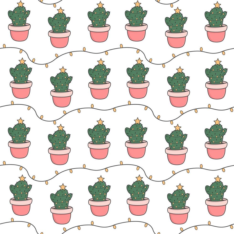 linda dibujos animados Días festivos sin costura vector modelo antecedentes ilustración con Navidad árbol cactus y Navidad luces