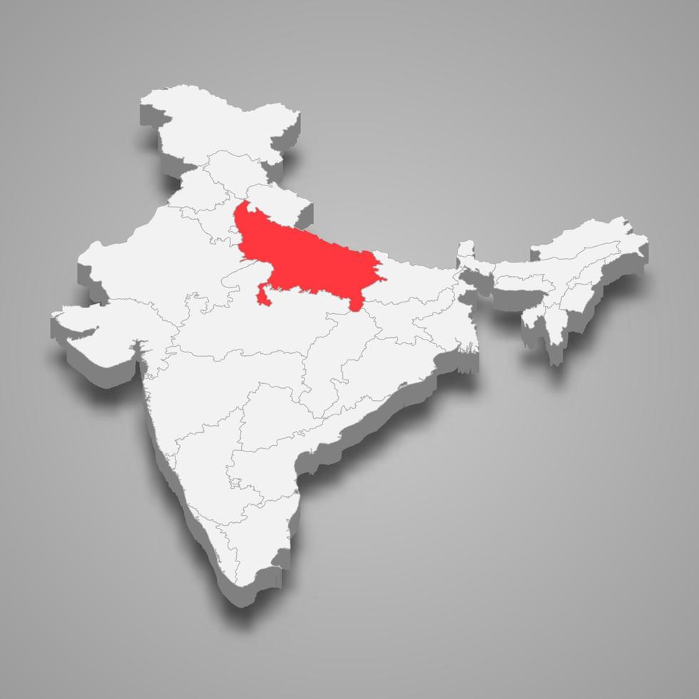 Uttar Pradesh state location within India 3d map vector