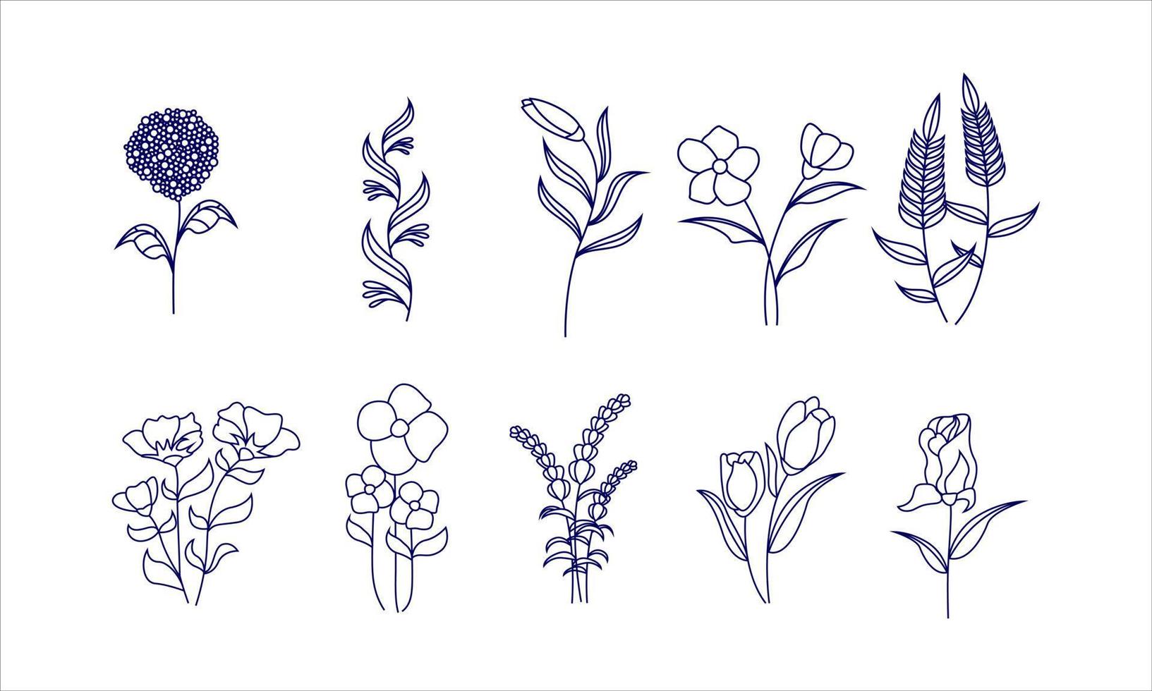 Flower Vector hand drawn bouquets. Big bundle of floral frames. Linear style set of hand drawn contour illustration of flowers isolated on a white background.