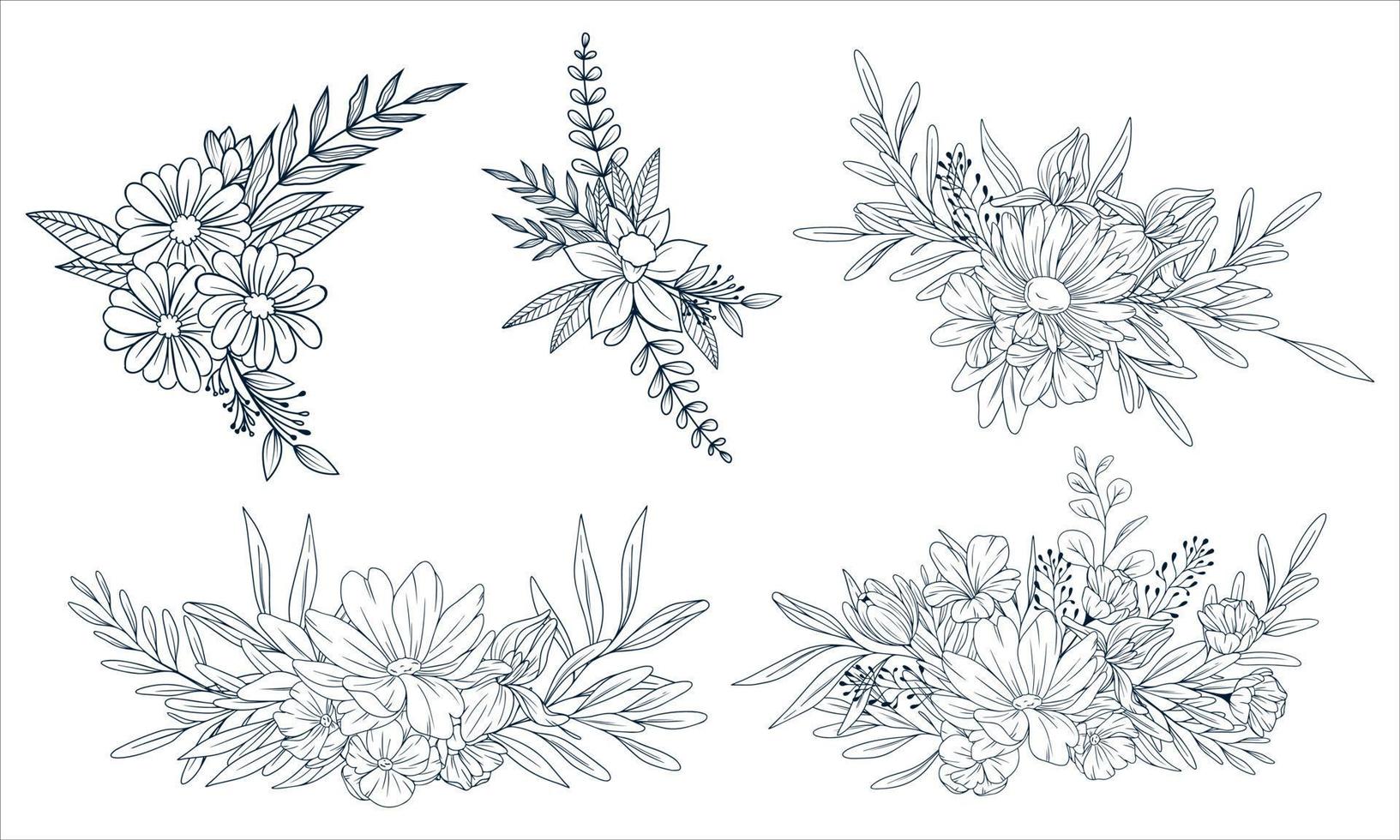 Vector Flower hand drawn bouquets. Big bundle of floral frames. Linear style set of hand drawn contour illustration of flowers isolated on a white background.