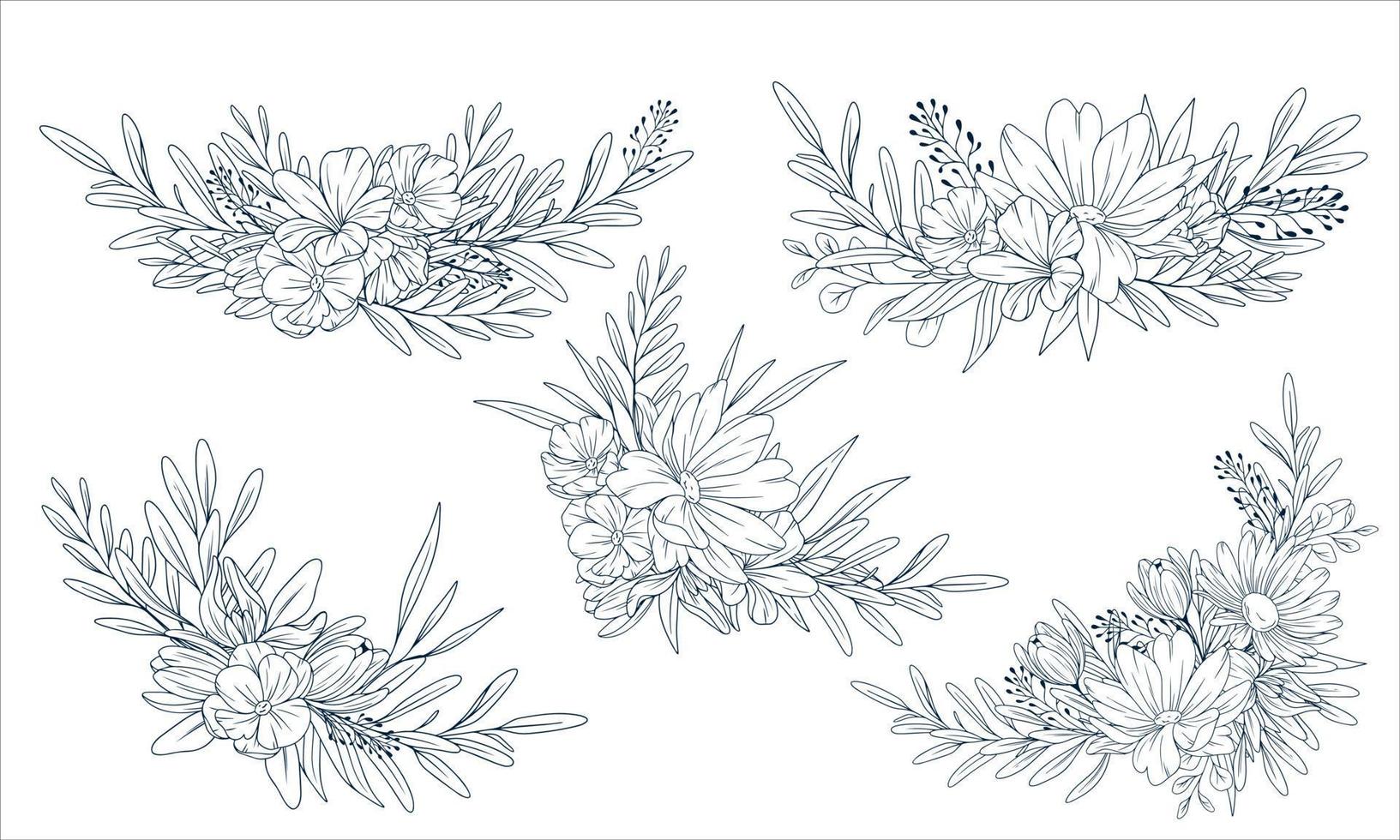 vector mano dibujado ramos de flores grande haz de floral marcos lineal estilo conjunto de mano dibujado contorno ilustración de flores aislado en un blanco antecedentes.