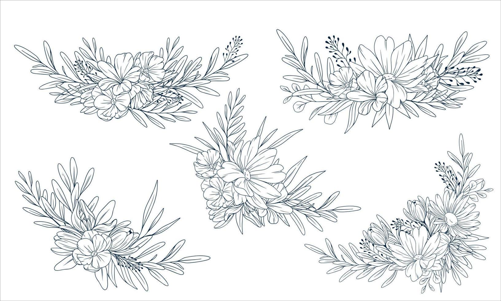 Vector hand drawn bouquets. Big bundle of floral frames. Linear style set of hand drawn contour illustration of flowers isolated on a white background.
