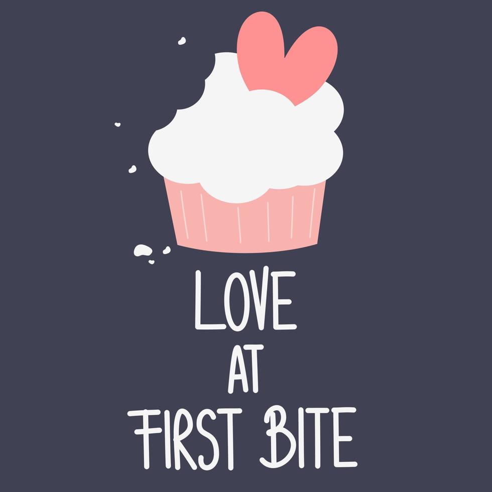 cute hand drawn lettering love at first bite quote with cartoon cupcake with heart lovely valentines day illustration vector