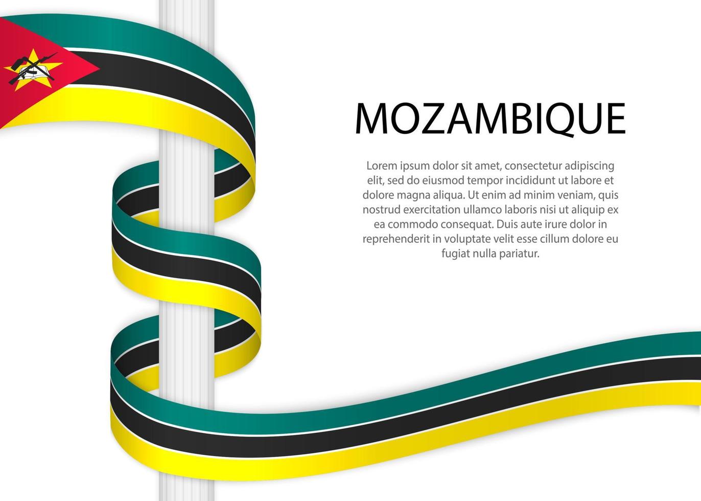 Waving ribbon on pole with flag of Mozambique. Template for inde vector