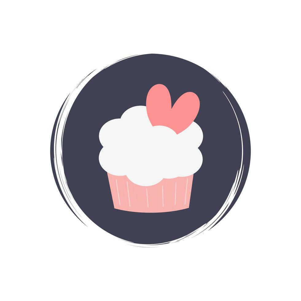 Cute logo or icon vector with romantic cupcake, illustration on circle with brush texture, for social media story and highlights