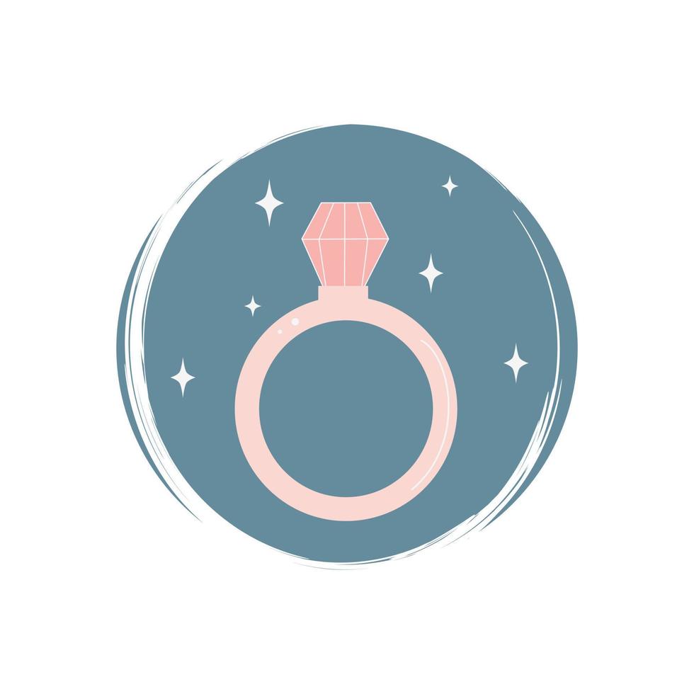 Cute logo or icon vector with romantic wedding diamond ring on circle with brush texture, for social media story and highlights