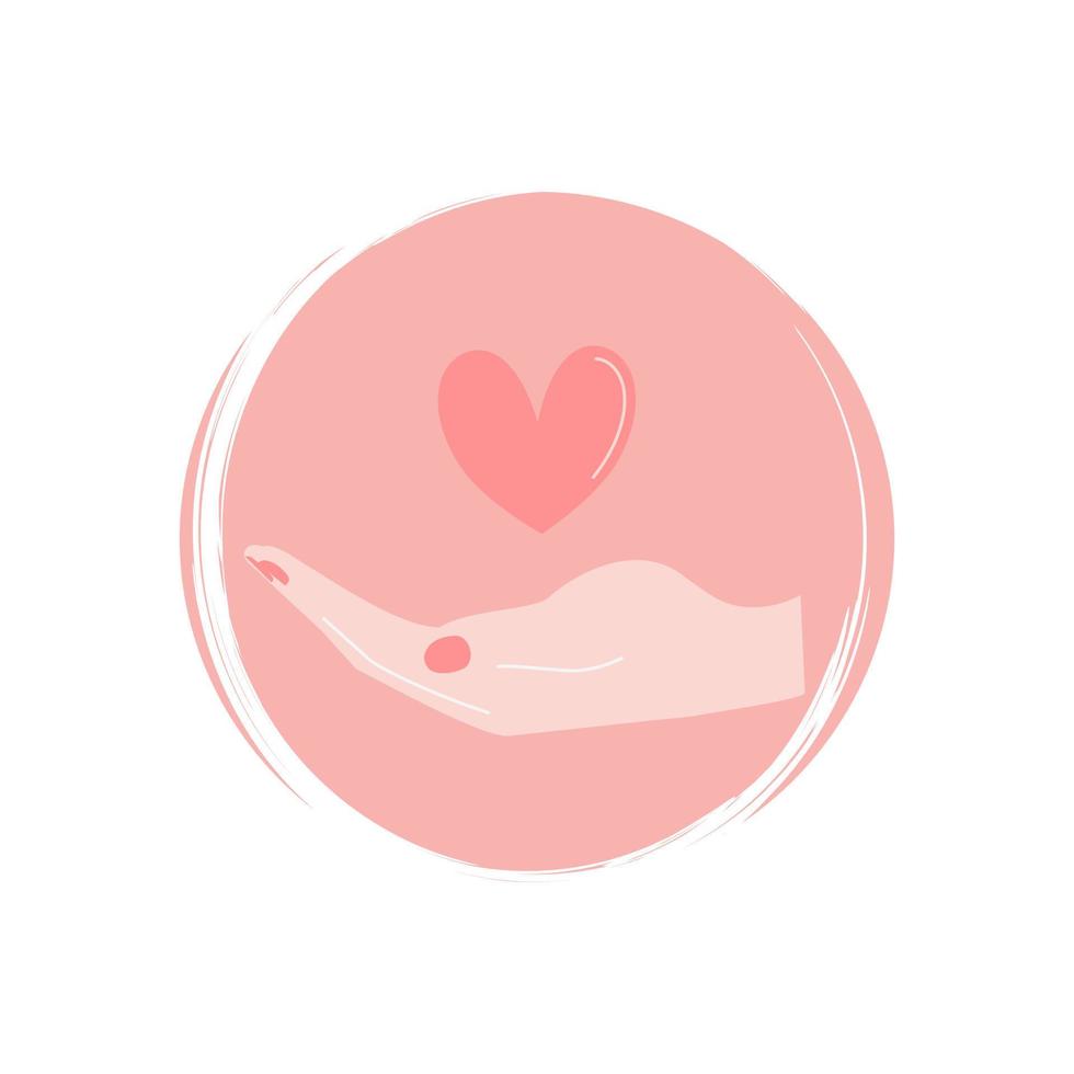 Cute logo or icon vector with hand holding heart shape , illustration on circle with brush texture, for social media story and highlights