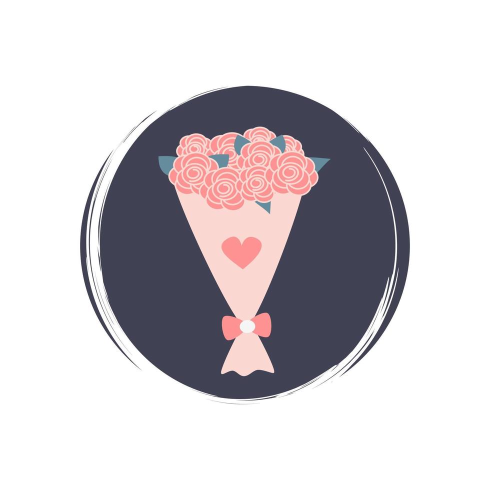 Cute logo or icon vector with romantic flowers bouquet, illustration on circle with brush texture, for social media story and highlights