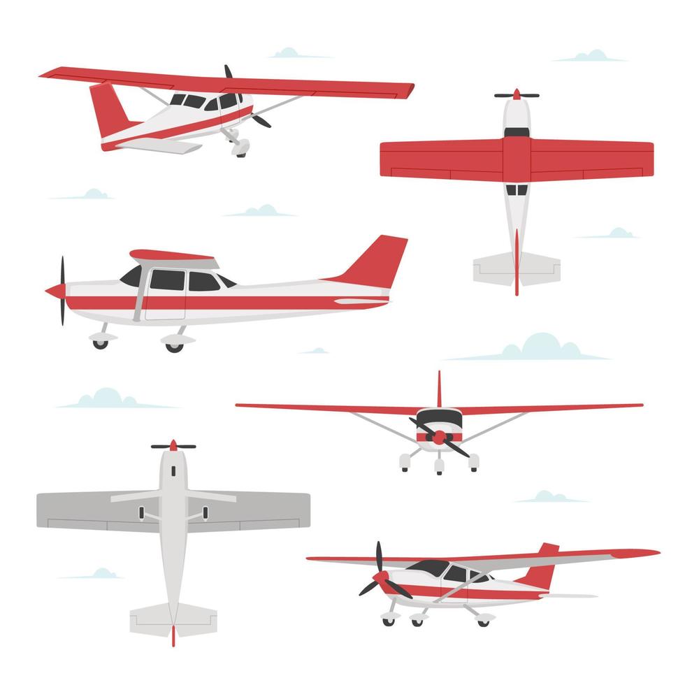 Propeller plane in different views. Small light aircraft with single engine vector