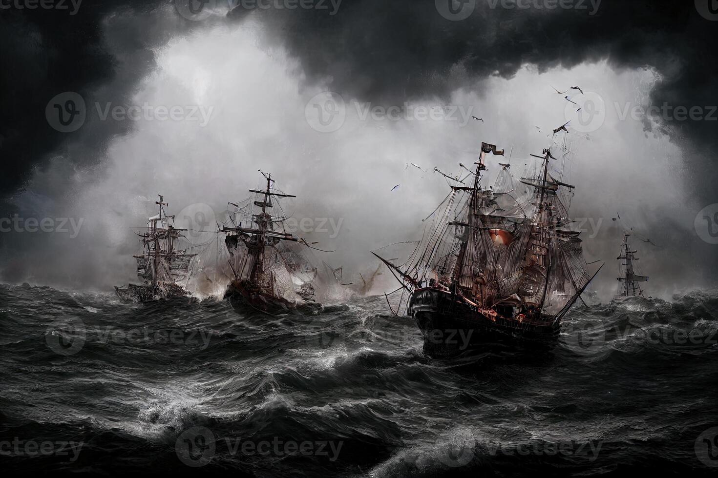 ilustración piratas batalla en Tormentoso mar hecho con generativo ai foto
