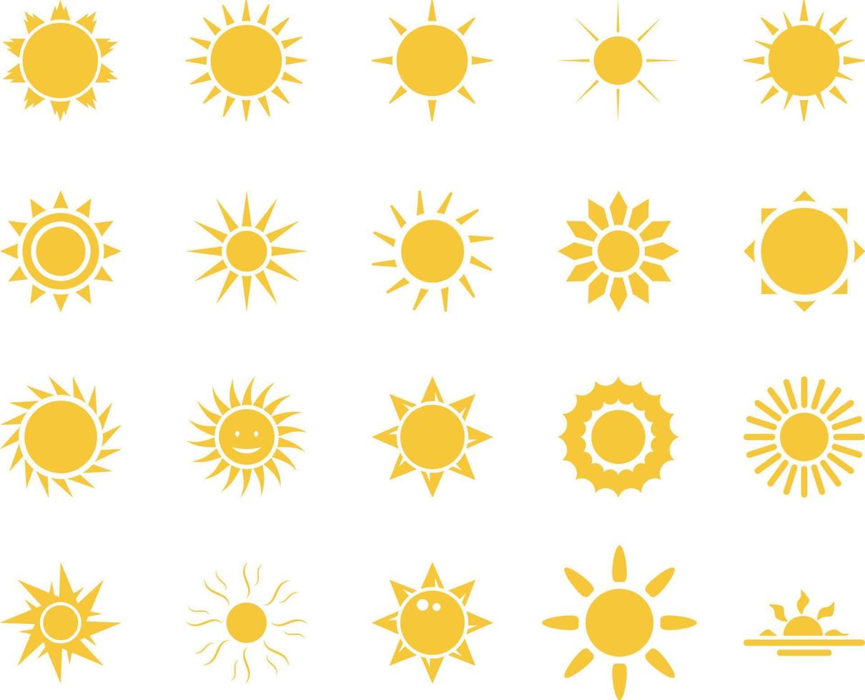 sol, mar. verano hora icono colocar. conjunto de amarillo íconos de el sol, aislado en blanco antecedentes . vector