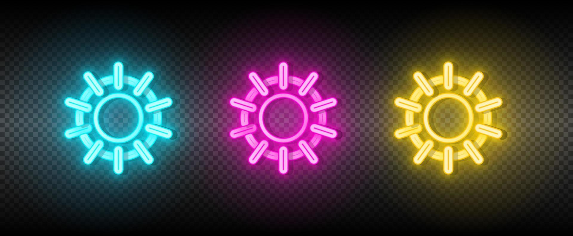 Sun blue, pink and yellow neon vector icon set.