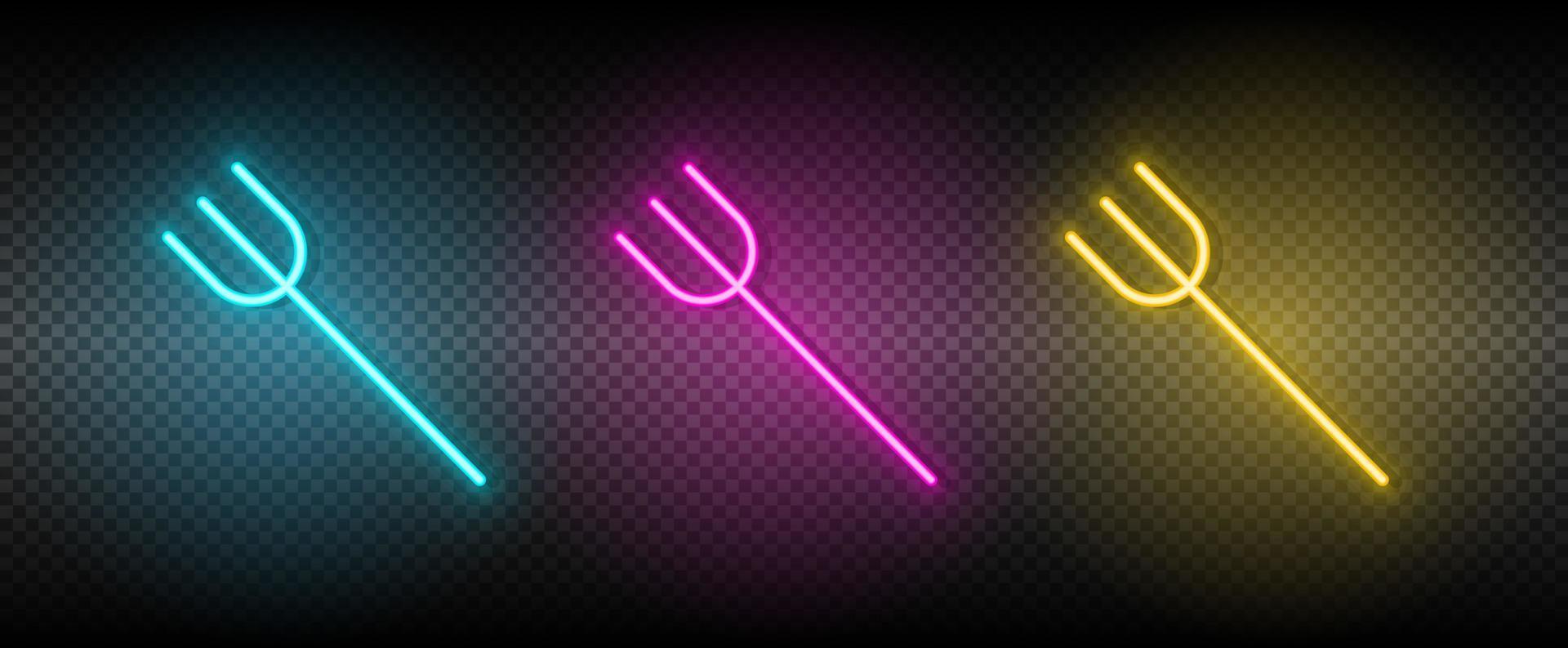 fork, garden, pitchfork vector icon yellow, pink, blue neon set. Tools vector icon on dark background