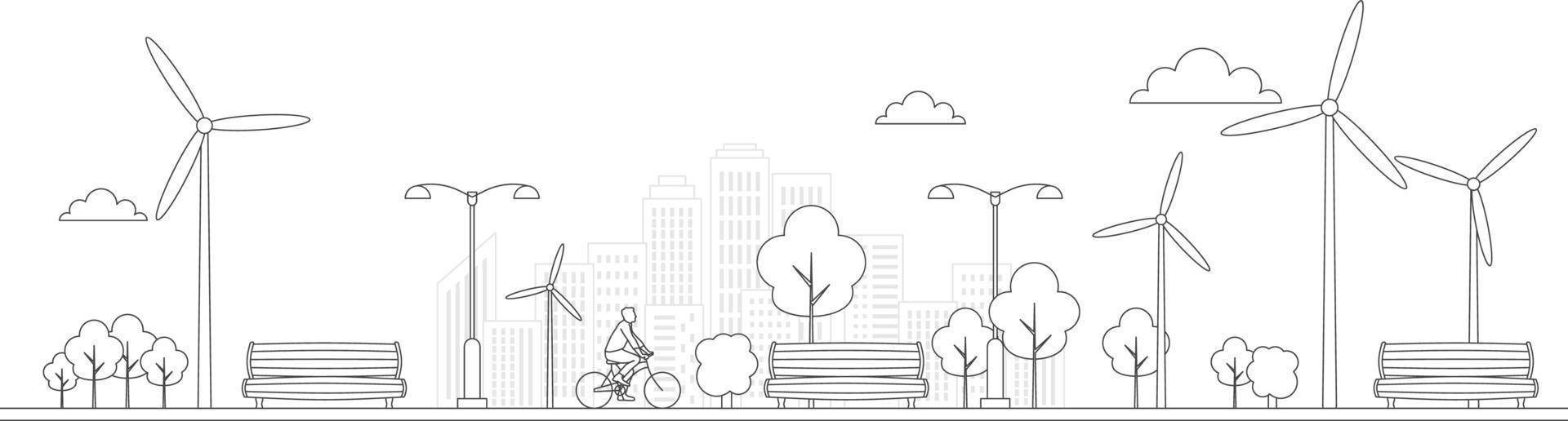 Bike in a park with bench and recycle bin. Line icons. Healthy sustainable lifestyle concept. Recreation and relaxation in the city. Black outline on white background. Vector illustration, clip art.