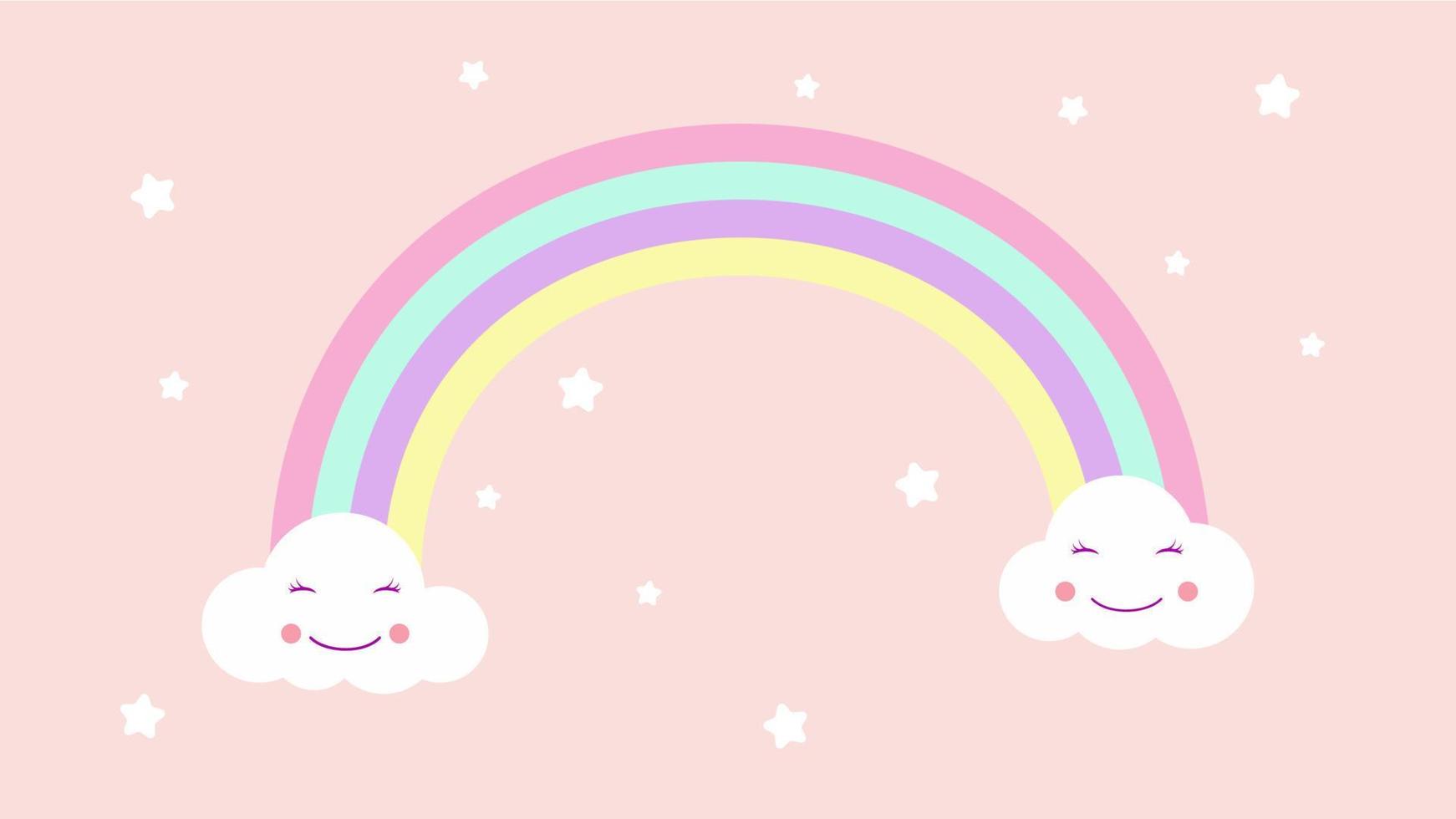 kawaii gracioso blanco nubes colocar, bozal con rosado las mejillas y parpadeo ojos, arco iris en ligero rosado antecedentes. vector. vector