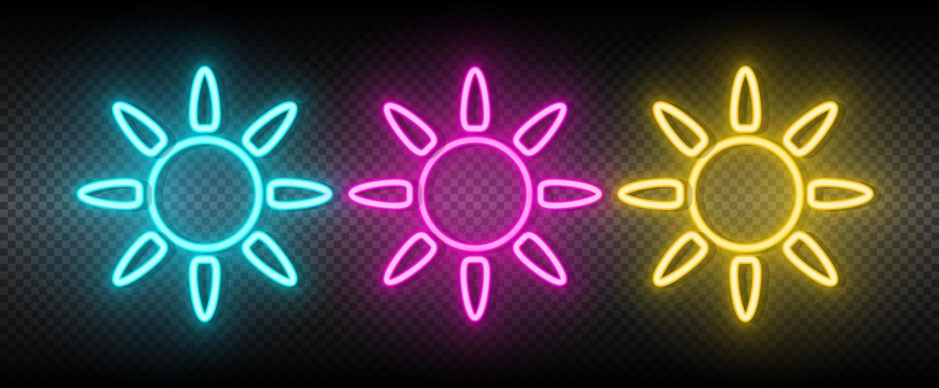 Sun blue, pink and yellow neon vector icon set.