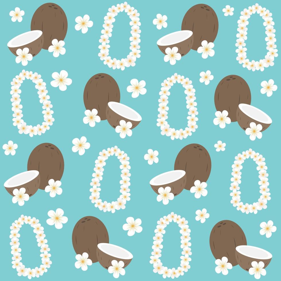 cute summer seamless vector pattern background illustration with hawaiian flowers necklace and coconuts