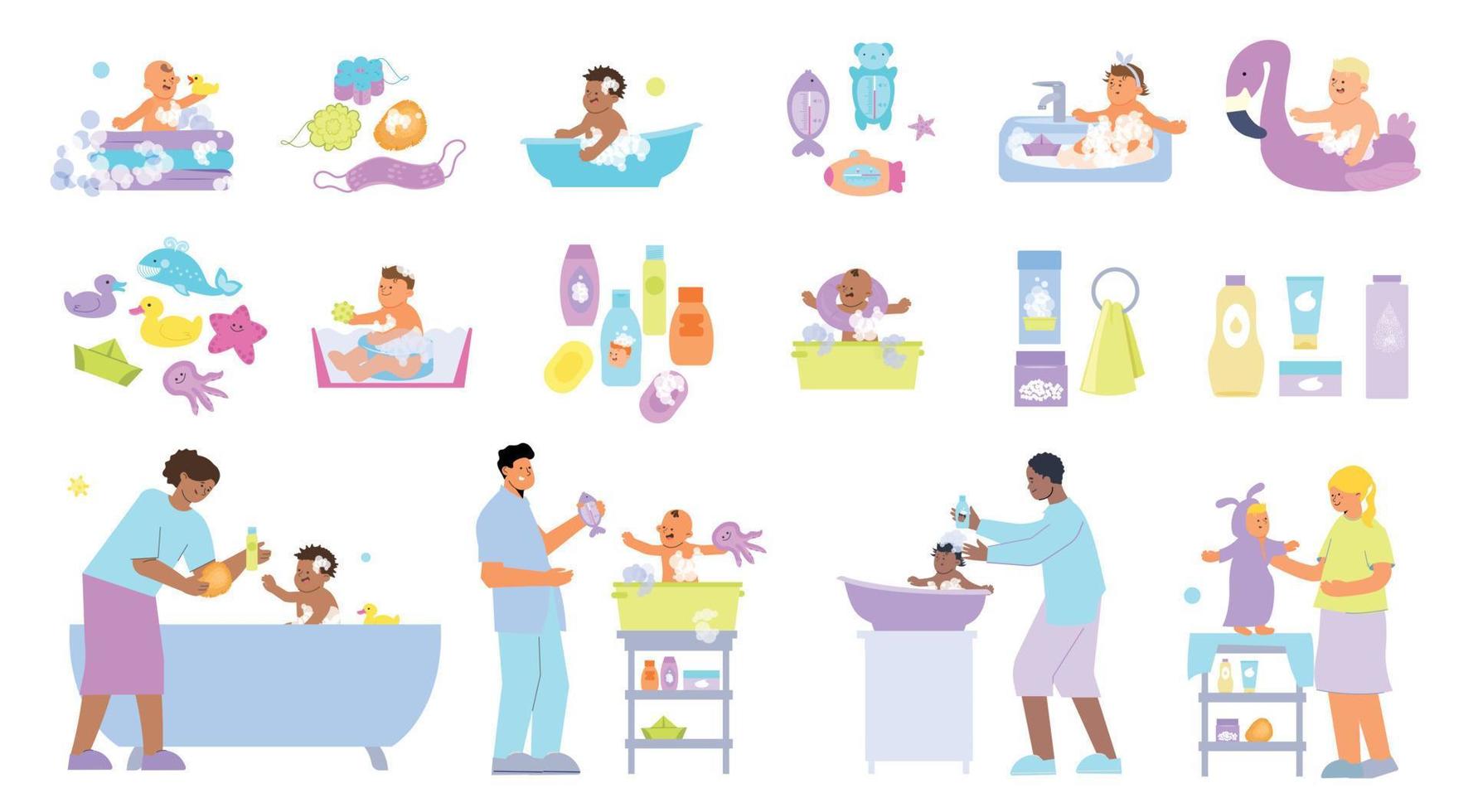 Bathing Baby Icon Set vector