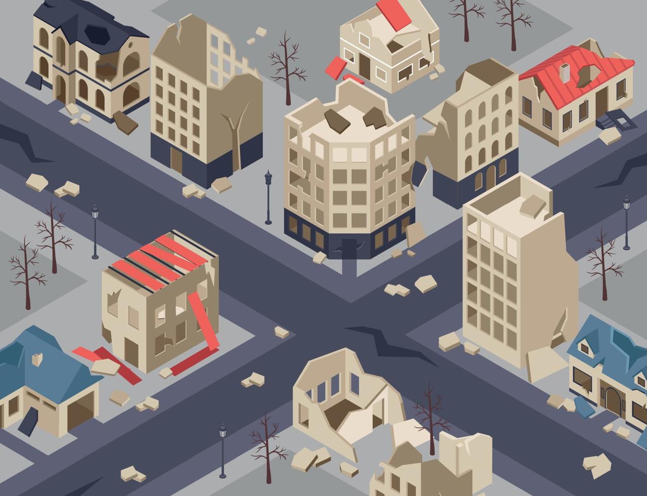 City Ruined Buildings Isometric Background vector