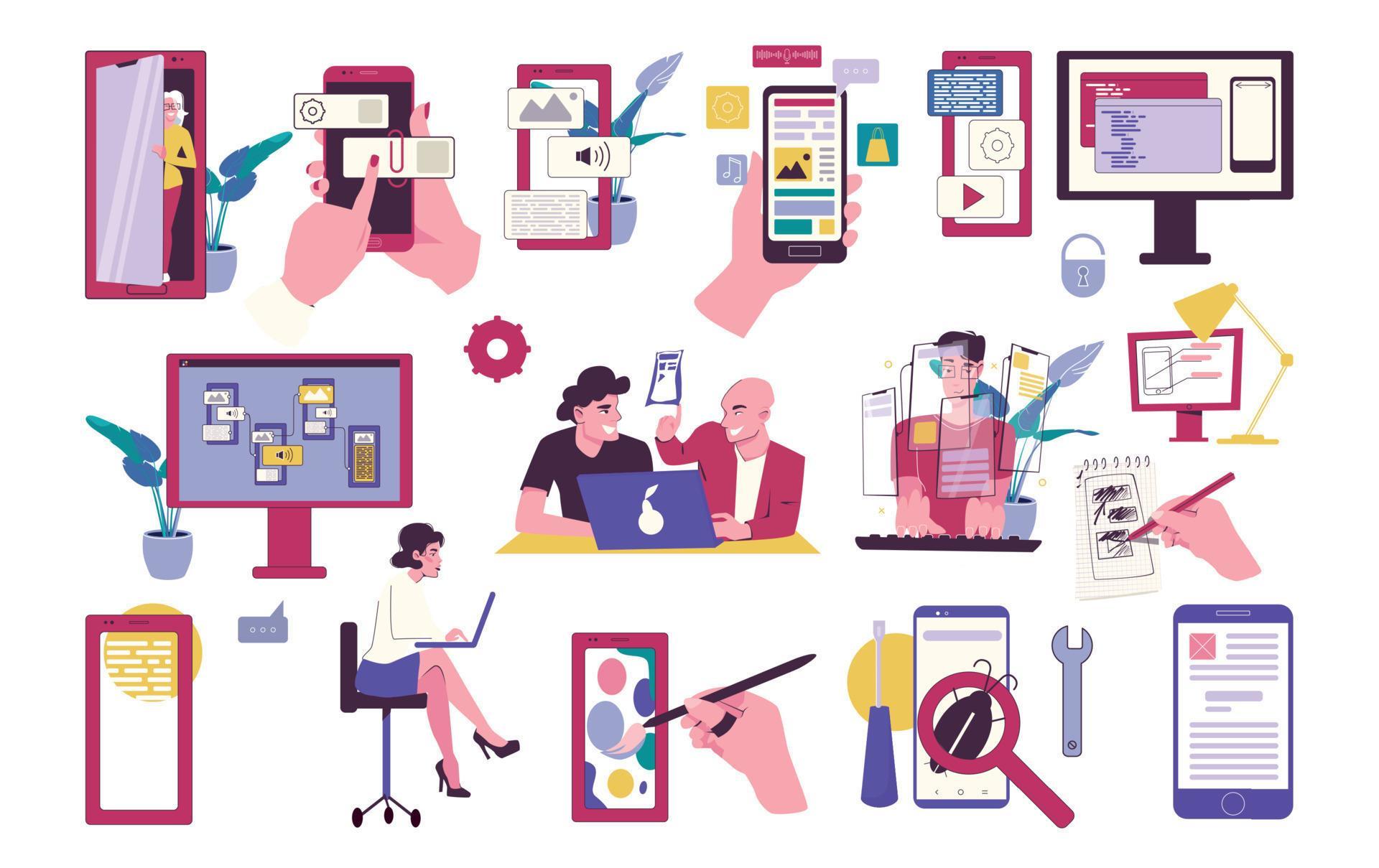 App Development Drawing Mobile App Development Set 21855582 Vector Art at Vecteezy