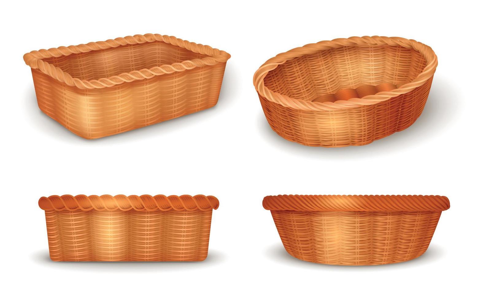 Realistic Fruit Bread Wicker Basket Icon Set vector