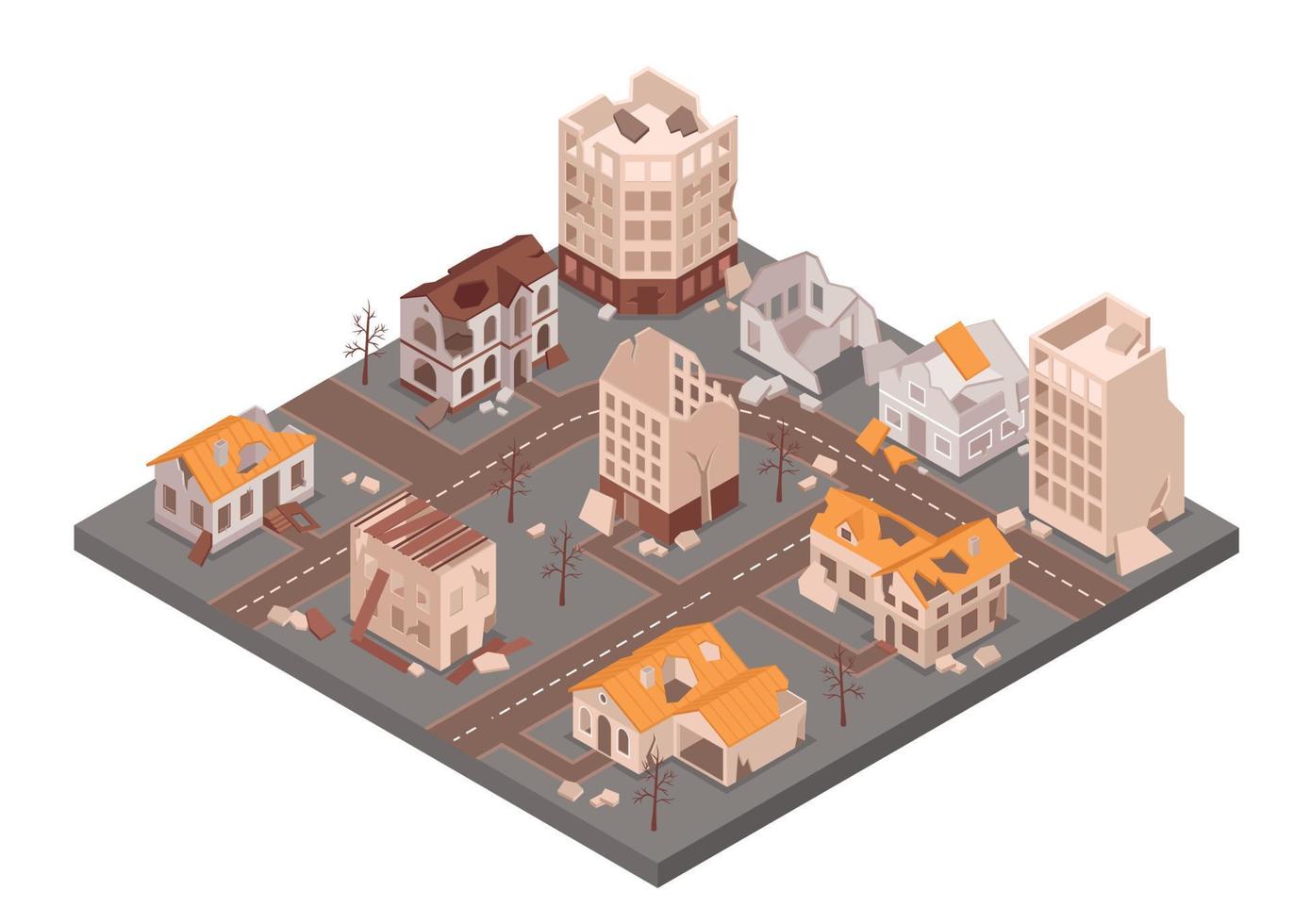 Dilapidated Deserted City Isometric Composition vector