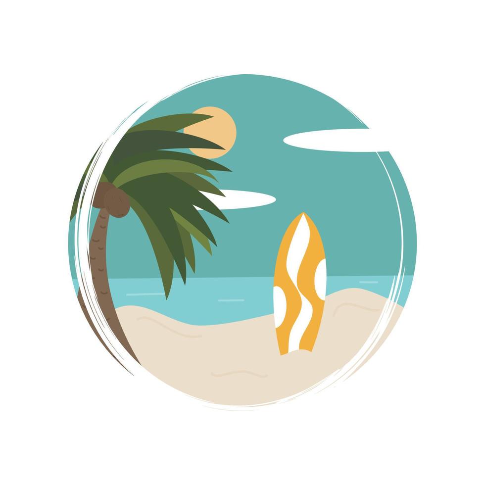 Cute logo or icon vector with summer beach scene, illustration on circle with brush texture, for social media story and highlights