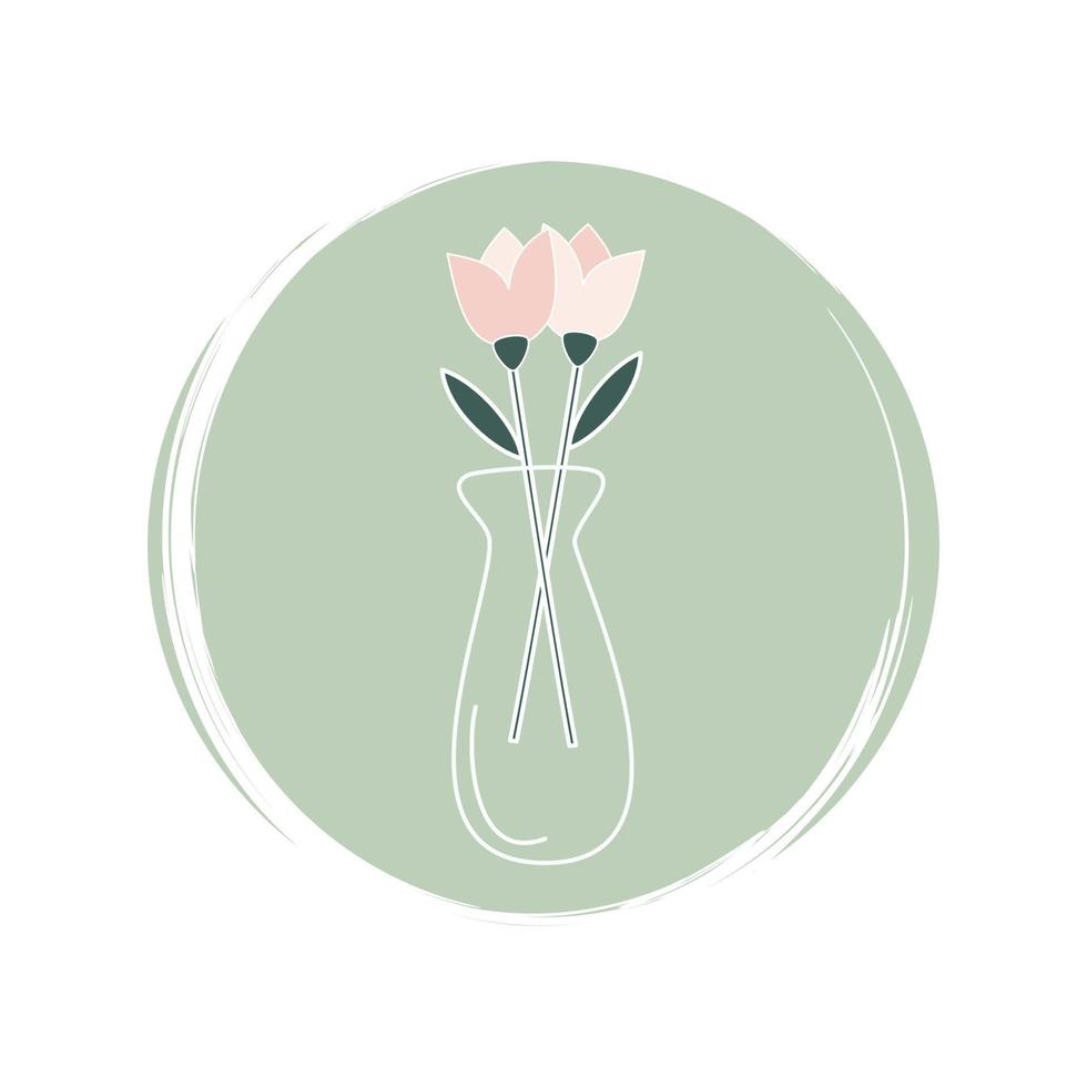 Cute logo or icon vector with romantic vase with tulips on circle with brush texture, for social media story and highlights