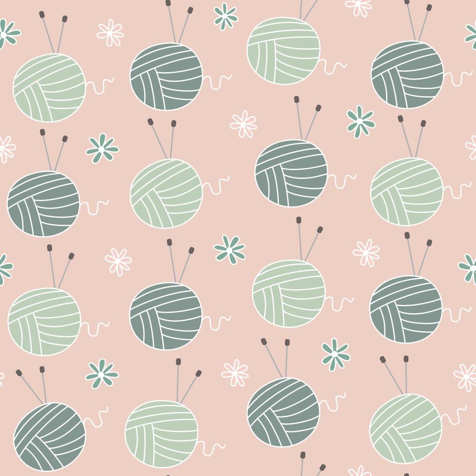 Cute seamless vector pattern background illustration with yarn balls and knitting needles