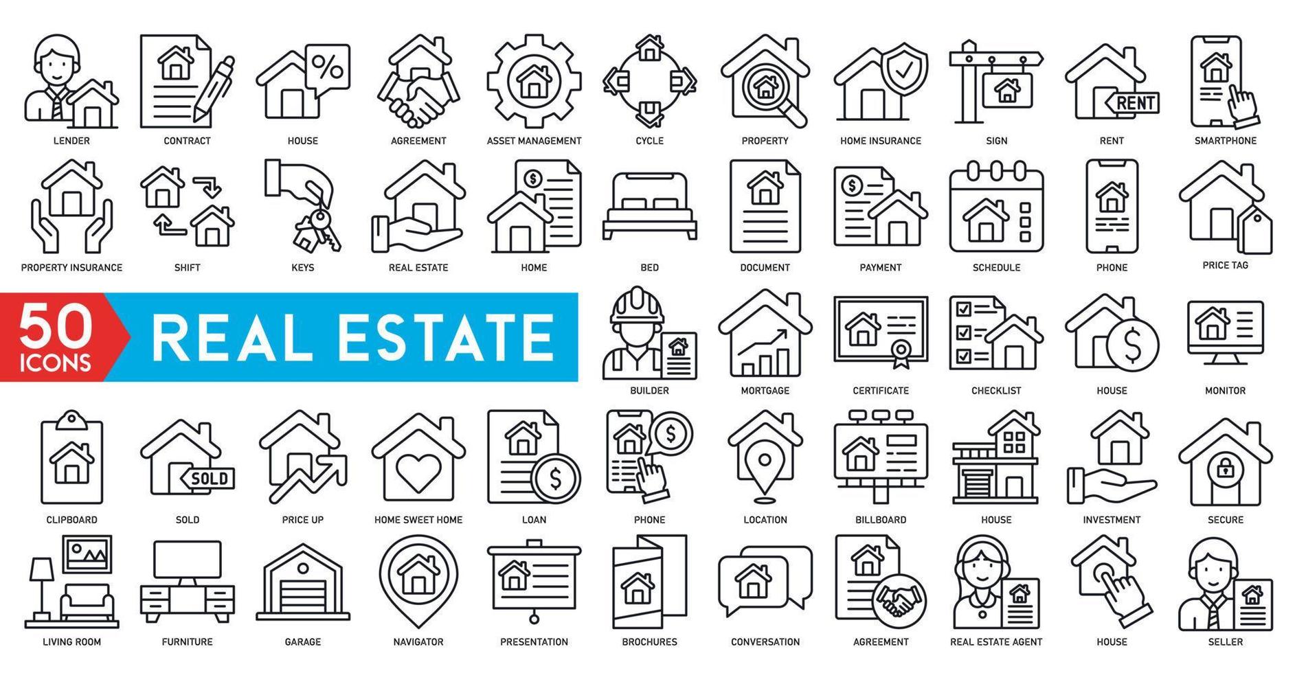 real estate icons vector house, estate document, rent signboard, sold, apartments, search, home protect