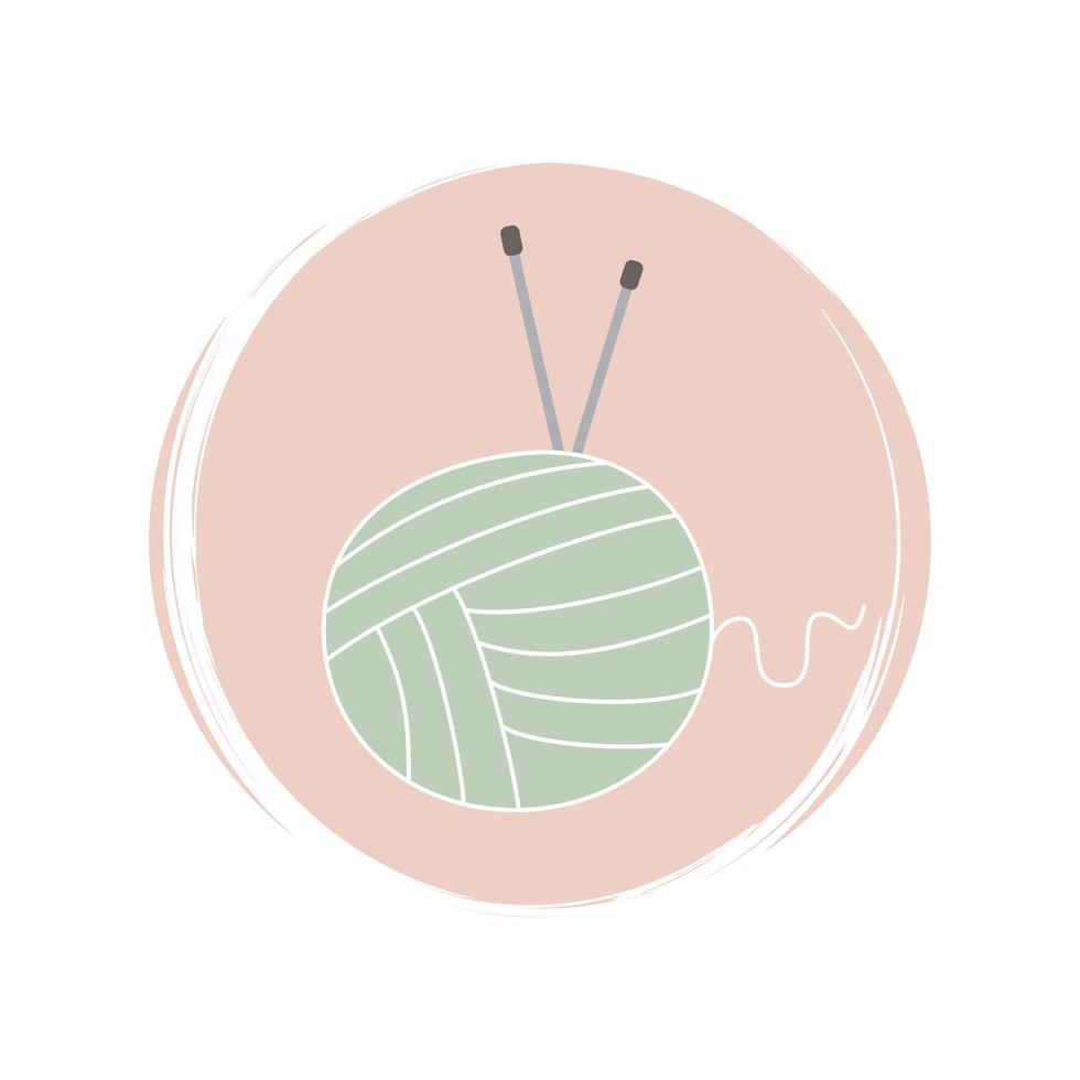 Cute logo or icon vector with yarn ball with knitting needles on circle with brush texture, for social media story and highlights