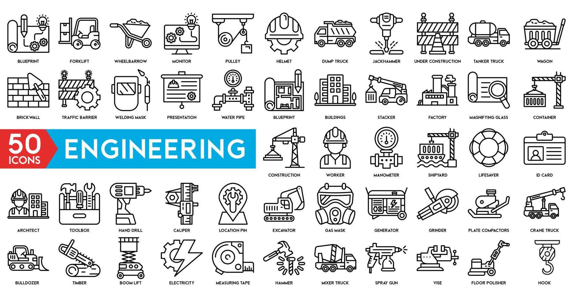 Simple Set of Engineering Related Vector Line Icons. Contains such Icons as Manufacturing, Engineer, Production, Settings and more