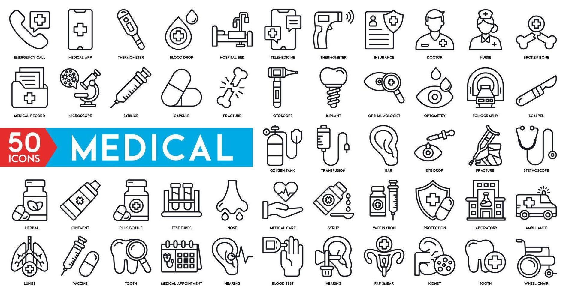 hospital medical line icons set emergency call, medical app, thermometer, blood drop, hospital bed, Telemedicine, thermometer, insurance, doctor and nurse vector