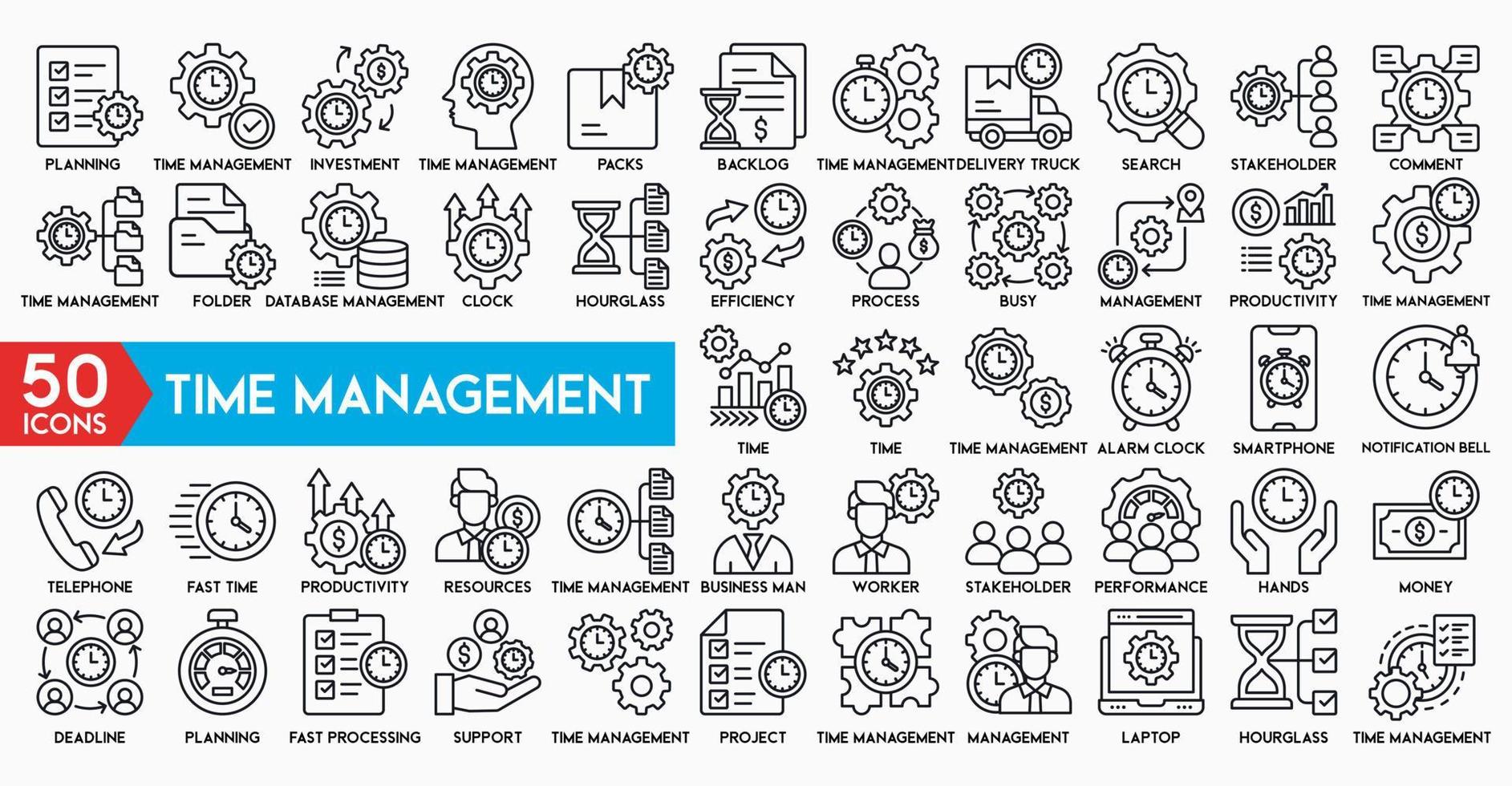 time management concept vector illustration with icons Timer, Alarm and Smartwatch. Time management, 24 hour clock, deadline alarm icons. Sand hourglass, calendar and digital smartwatch, timer stopwat