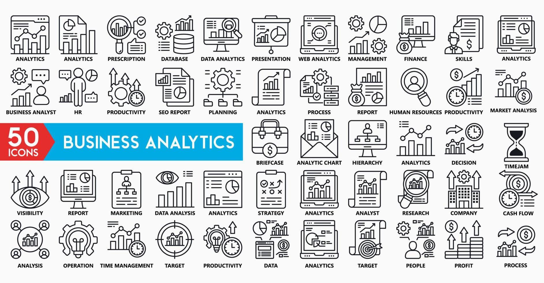 Business Analytics icons for management, data analytics, productivity, process, planning vector