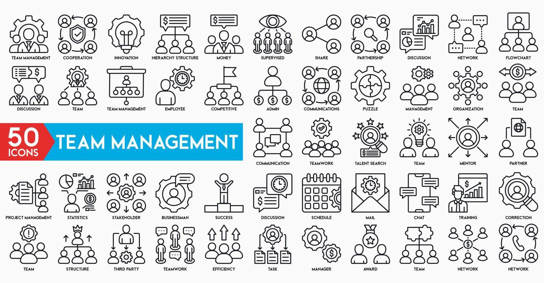 Team Management Outline Icon Collection. Thin Line Set contains such Icons as Vision, Mission, Values, Human Resource, Experience and more vector