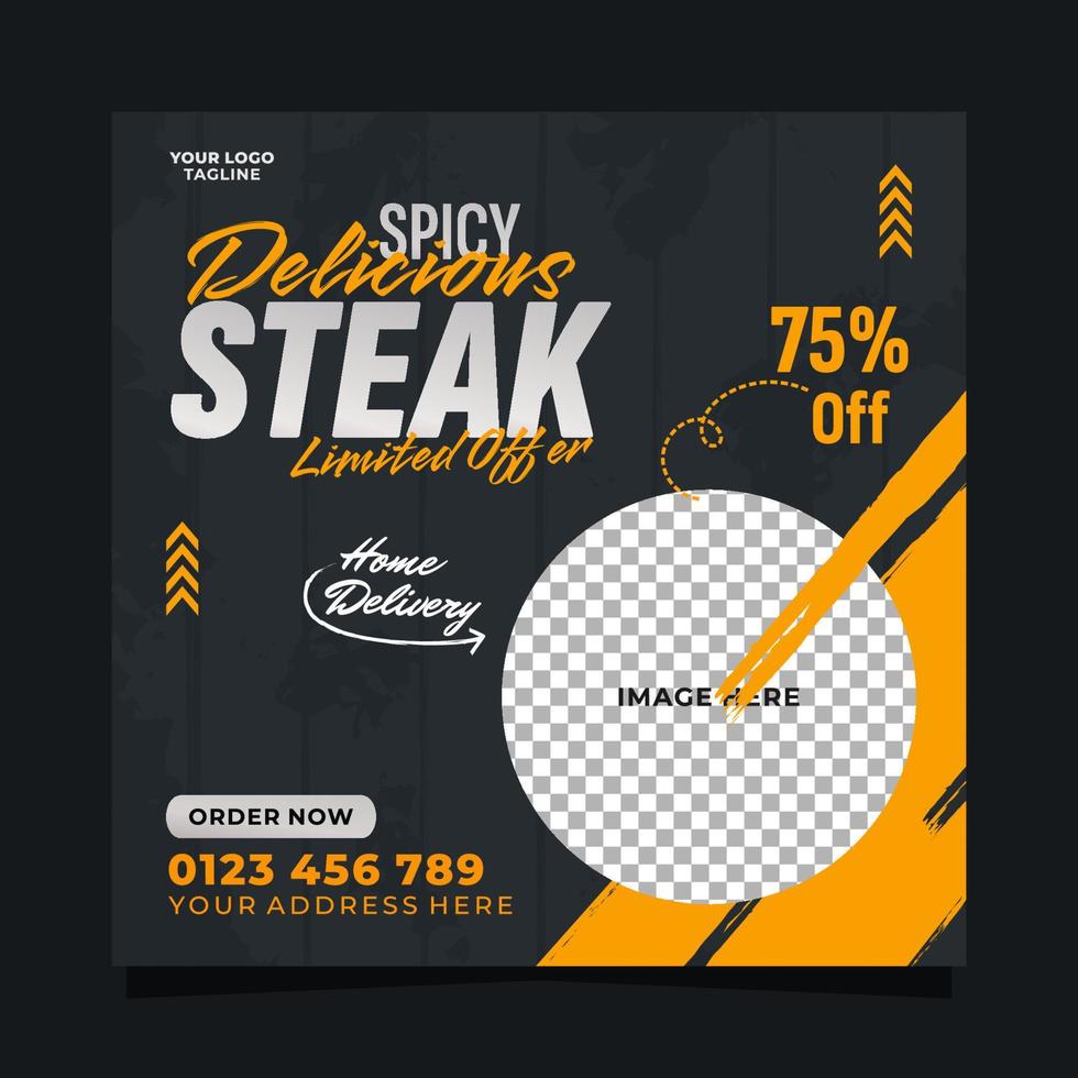 Spicy delicious steak social media post banner square vector template