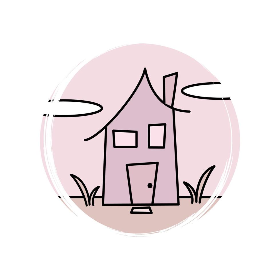 Cute logo or icon vector with little house, illustration on circle with brush texture, for social media story and highlight