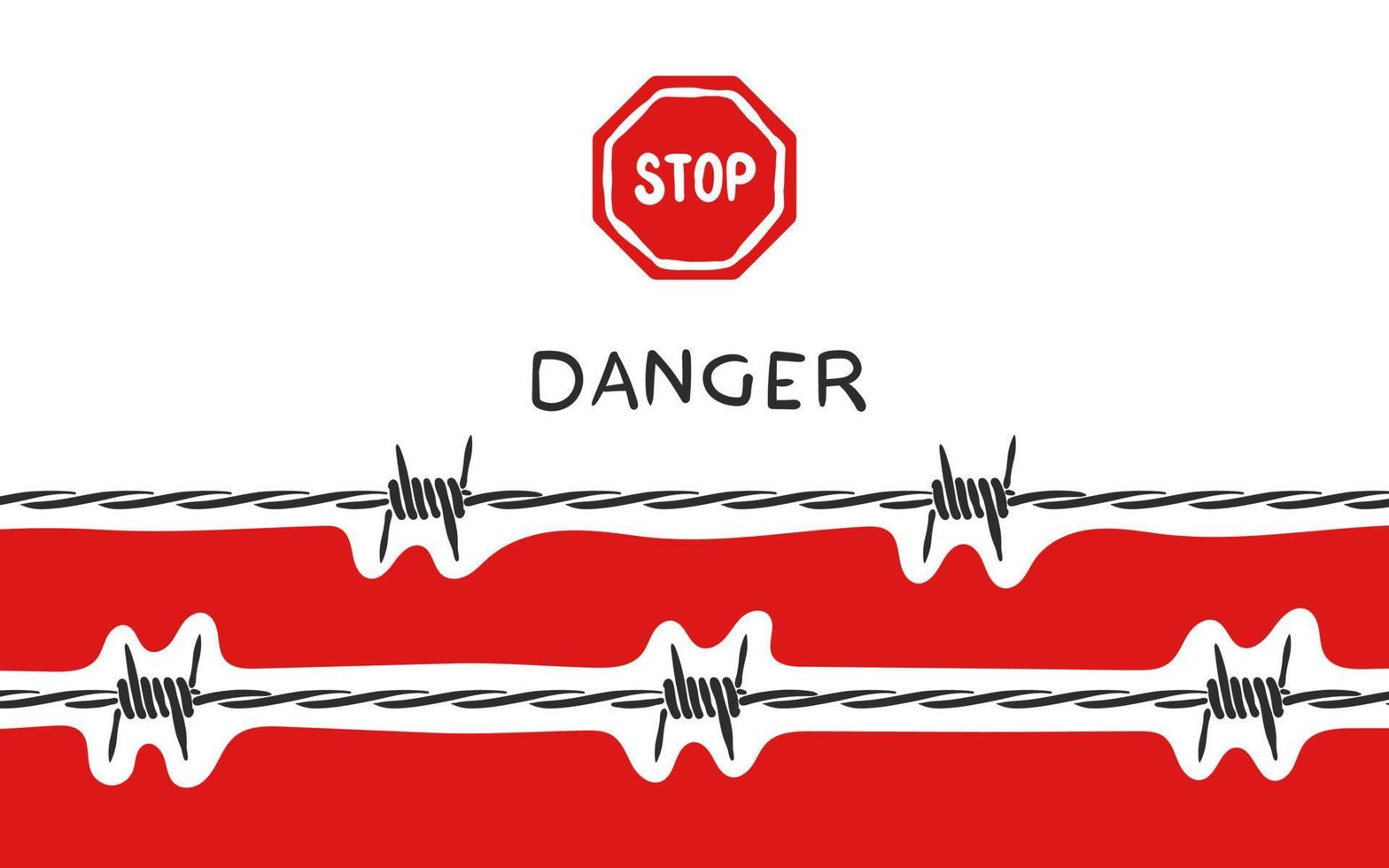 Barbed wire. Background with barbed wire and red stop sign. Vector scalable graphics