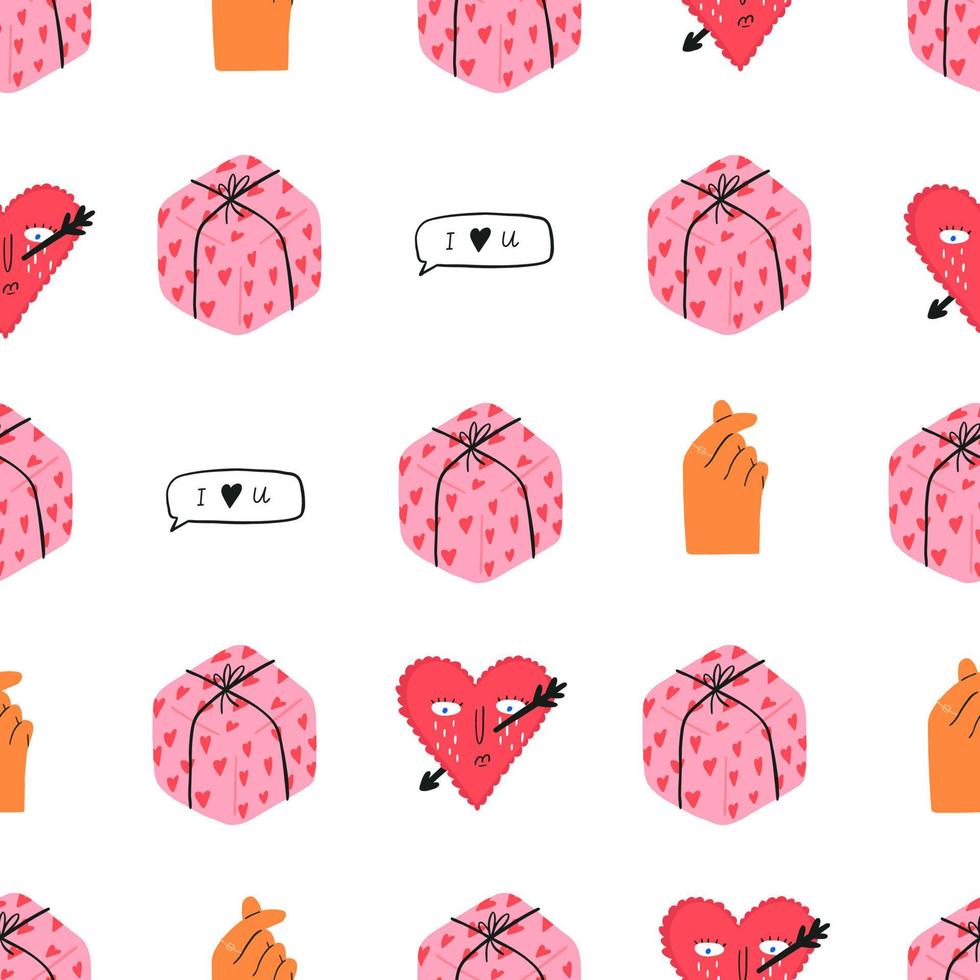 Valentine's day seamless pattern with hand drawn heart, gift box and korean heart gesture - flat vector illustration. Cute gift box, quirky crying heart with face, finger heart gesture.