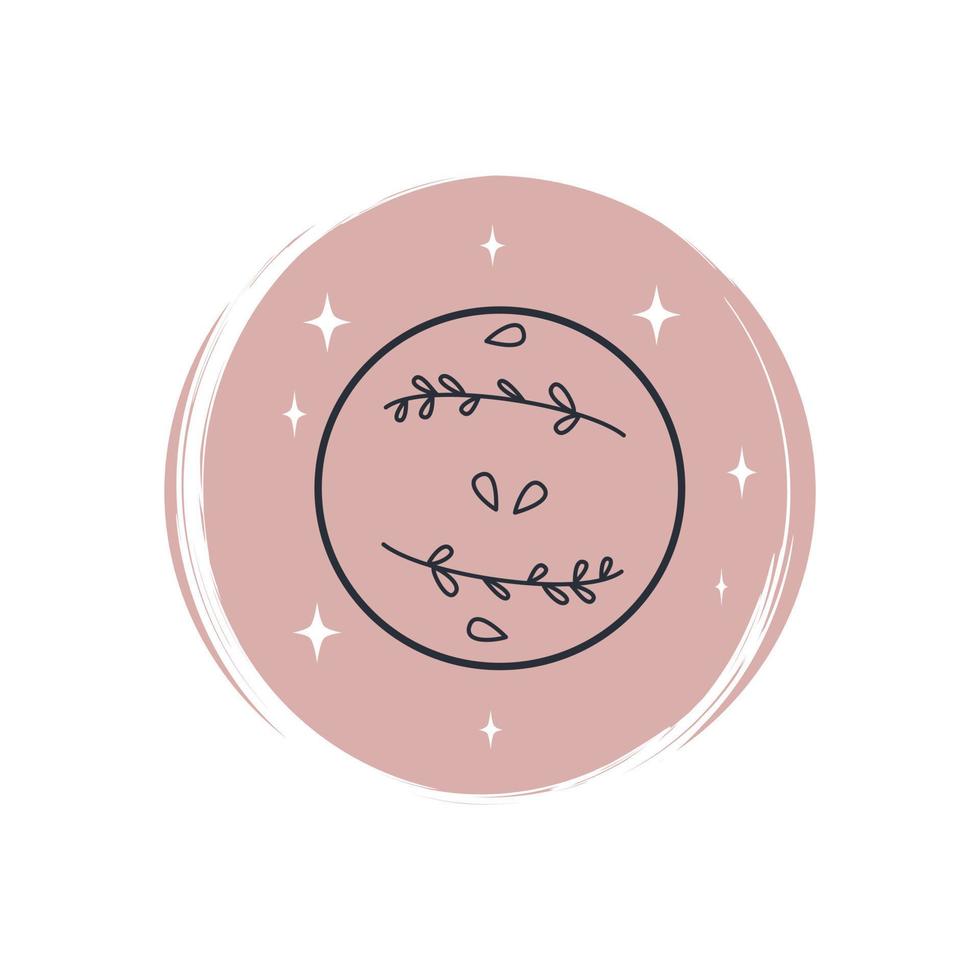 Cute esoteric icon vector with full moon with leaves and stars, illustration on circle with brush texture, for social media story and highlights