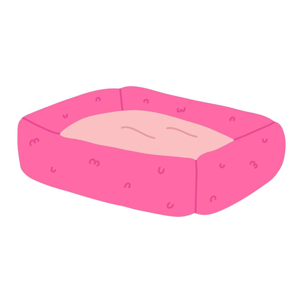 Comfortable bed for pets, cartoon flat vector illustration isolated on white background. Hand drawn bed for dogs or cats. Pet shop concept. Pink pillow for domestic animals.