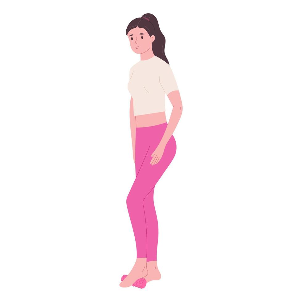 mujer hacer ejercicio con pie rodillo, yo masaje concepto - plano vector ilustración aislado en blanco antecedentes. inteligente aptitud ejercicio. yoga y pilates equipo. fisioterapia y rehabilitación.