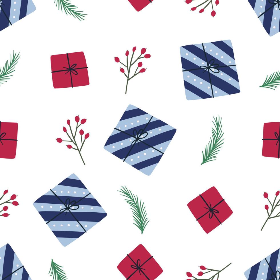 Christmas seamless pattern with hand drawn holiday elements, flat vector illustration on white background. Cute winter holiday pattern. Great for gift box wrapping paper.