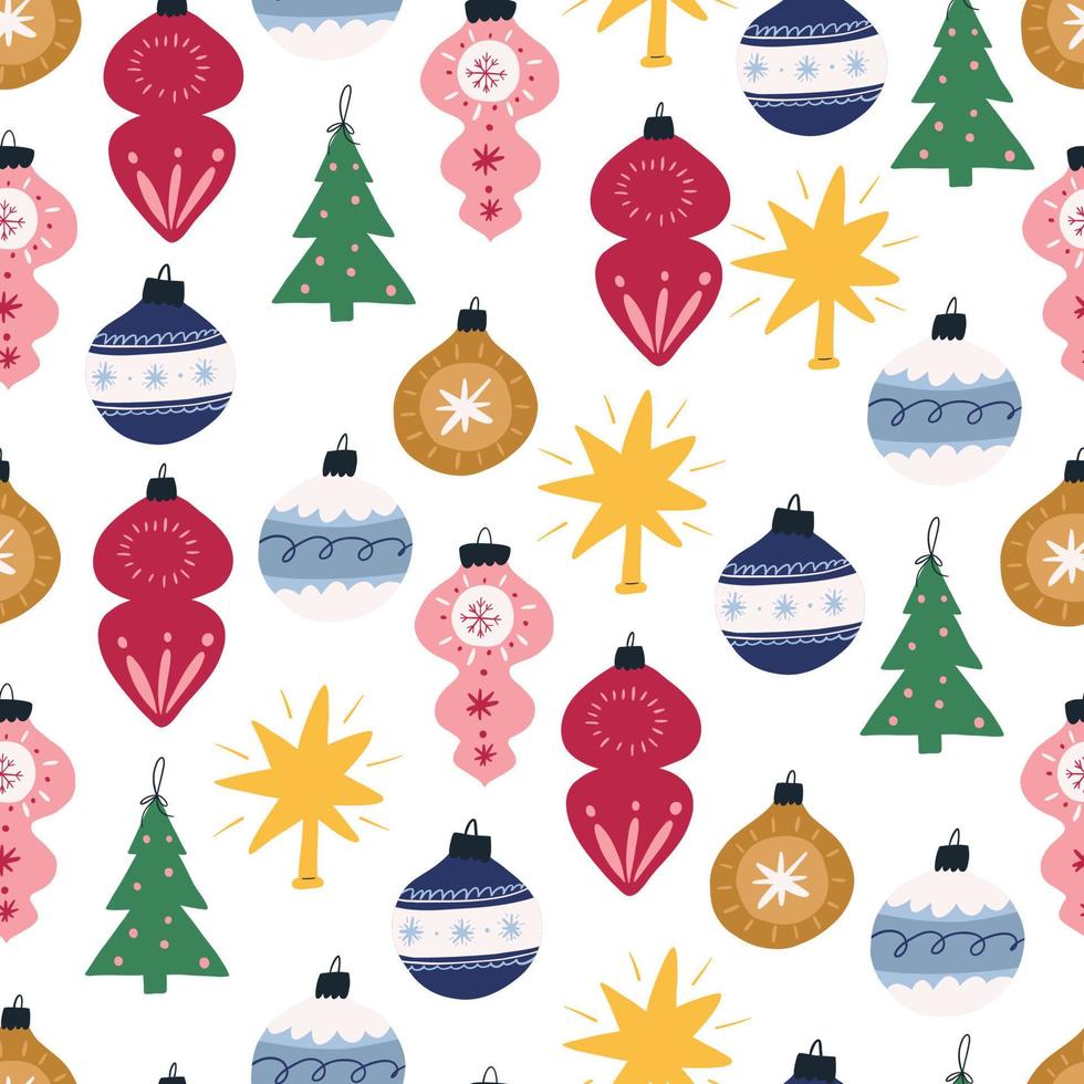 Christmas tree decoration, various cute baubles - seamless pattern, flat vector illustration on white background. Hand drawn retro balls to hang on Christmas tree.