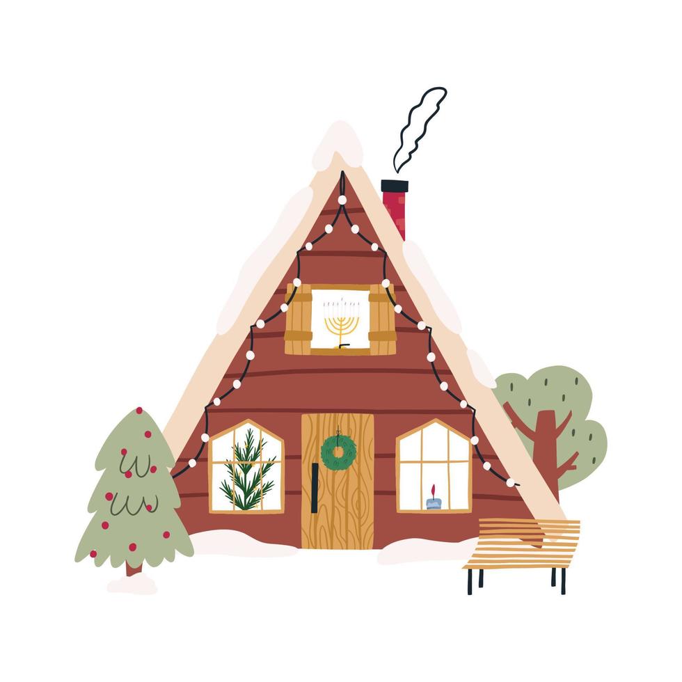 Cute A-frame building with Christmas holiday decor, cartoon flat vector illustration isolated on white background. Cozy house in the woods. Snow on roof, Christmas tree, bench and wreath on door.