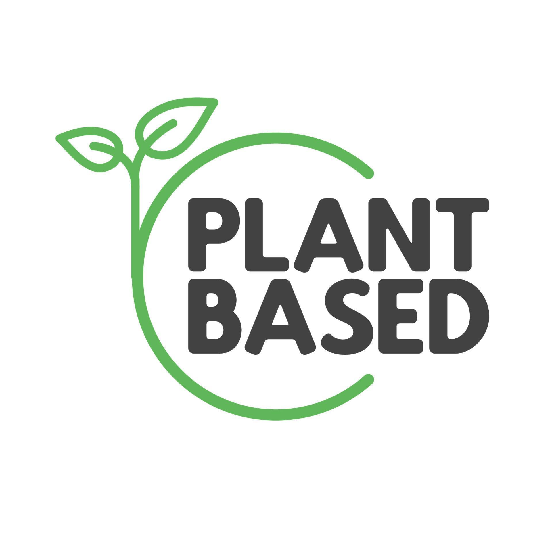 Plant based label. Text inside a circle with leaves around. Vegan