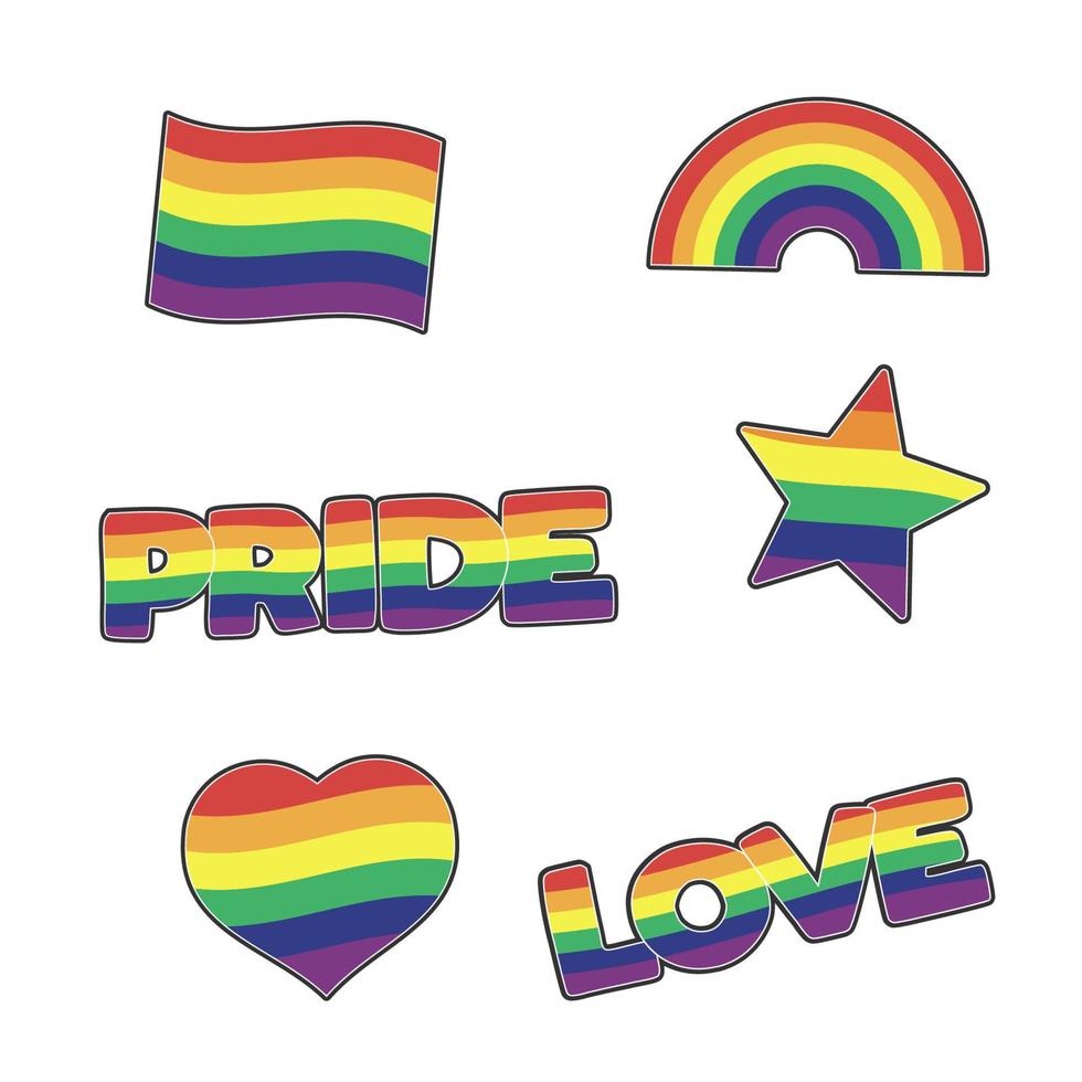 conjunto de lgbtq comunidad pegatinas con bandera, estrella y corazón formas con arco iris colores. orgullo mes símbolos y eslogan. gay desfile iconos vector