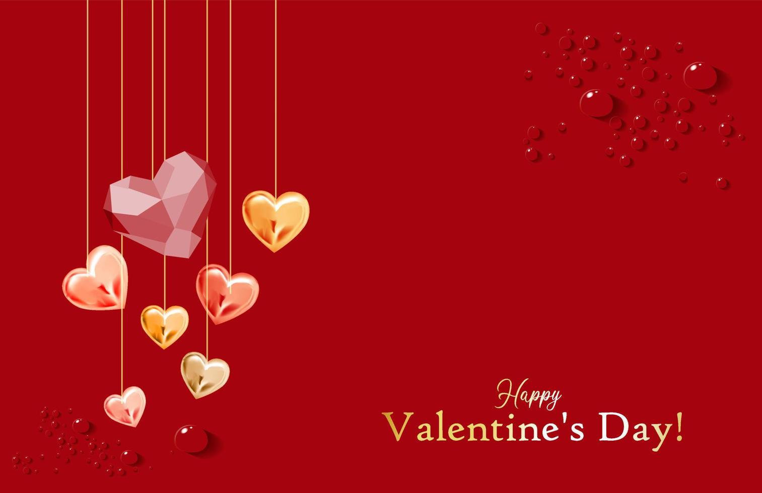 Happy Valentine's Day. Gold inscription on a red background. Metallic hearts. Horizontal banner in a minimalistic style. Lovers. The 14th of February. Greeting card. Vector illustration eps10