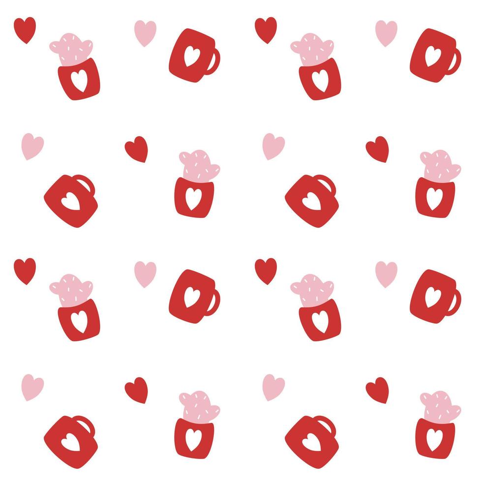 cute lovely seamless vector pattern background illustration with red coffee mugs and potted succulent plants
